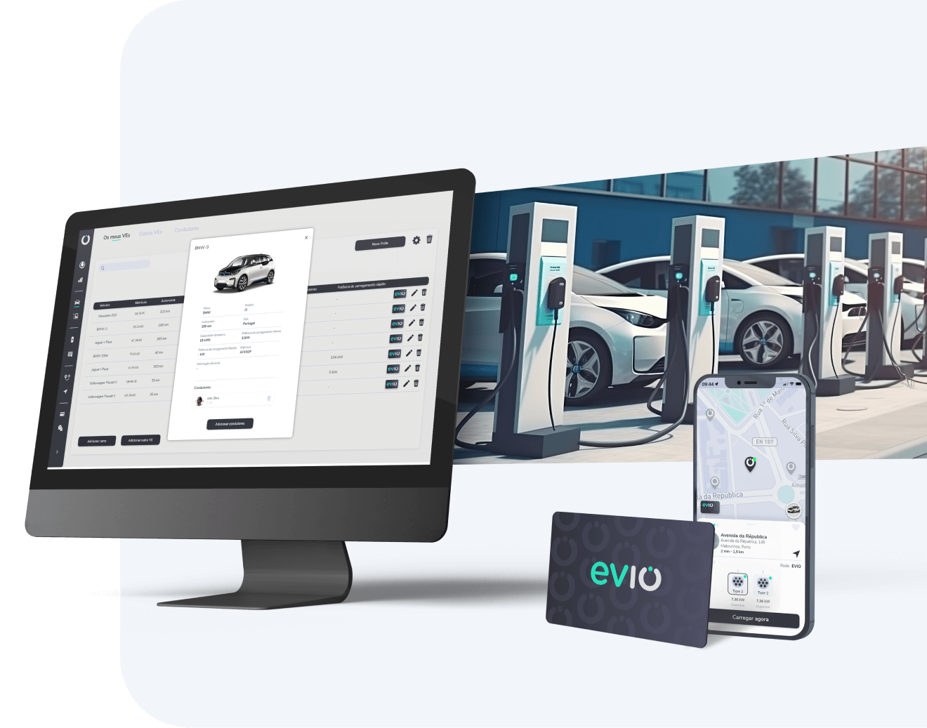 EVIO fleet charging platform shown on desktop and mobile devices
